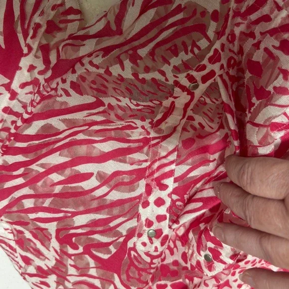 Chicos 3 Womens Sheer Zip Jacket XL Pink White Animal Print Drawstring Boho Chic - Picture 9 of 13